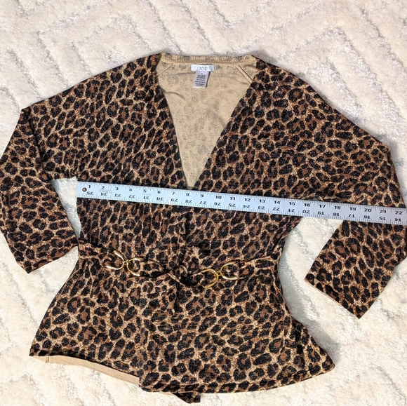 Cache Metallic Leopard Print 3/4 Sleeve Cardigan Sweater, M - Picture 9 of 10